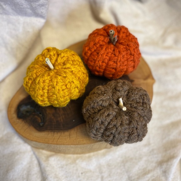 Fall vibrant color handmade crocheted pumpkin set of gold, brown and orange - Picture 2 of 2